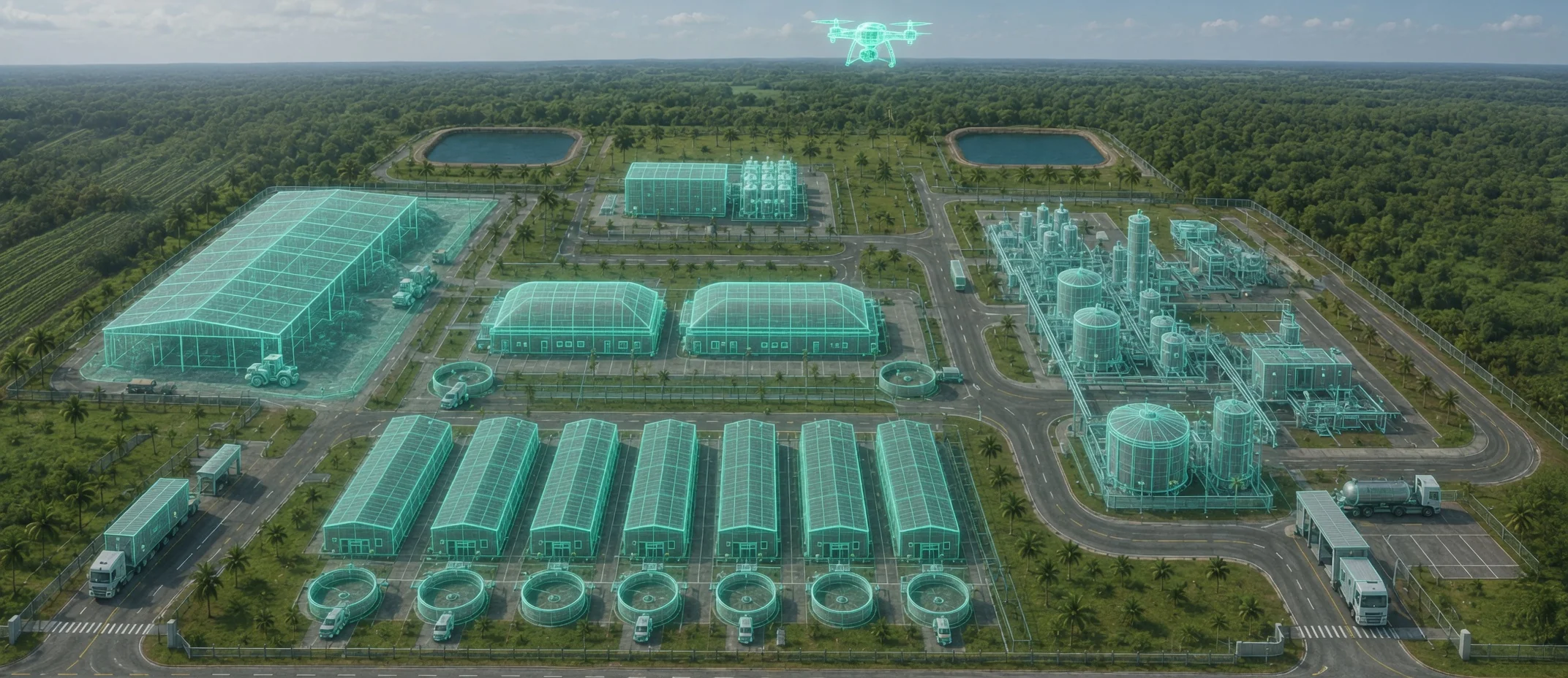 Holografische Konzeptdarstellung der geplanten Bio-Methan-Anlage — Fermenter, Gasspeicher, Aufbereitung und Bio-LNG als Wireframe über der Landschaft