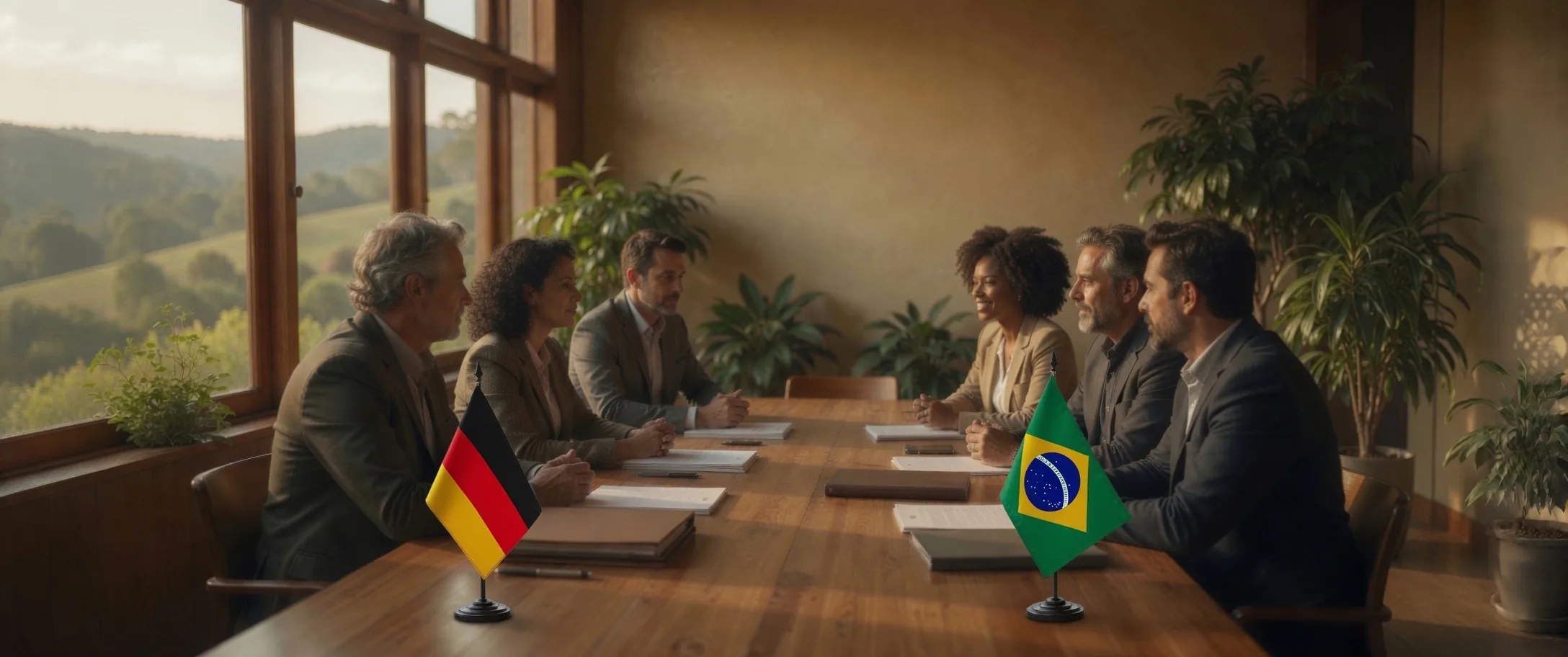 Deutsch-brasilianische Verhandlungsrunde mit Tischflaggen und Dokumenten am Besprechungstisch